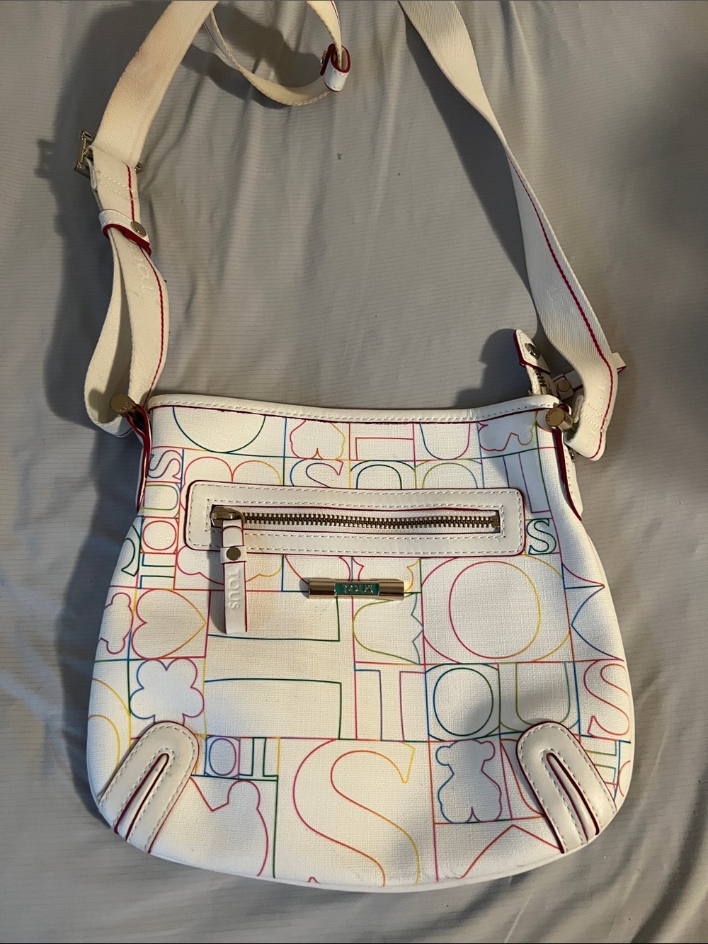 Tous White Multicolor Logo Print Crossbody Bag with Gold Hardware